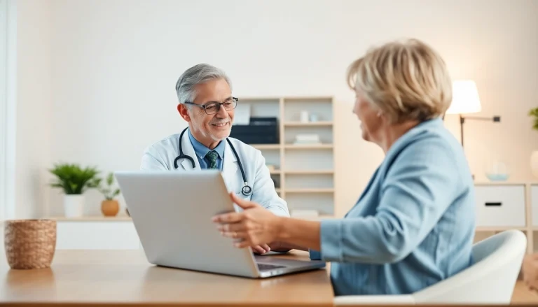 Conducting an online doctor visit pay per visit with a caring doctor in a bright home office setting.