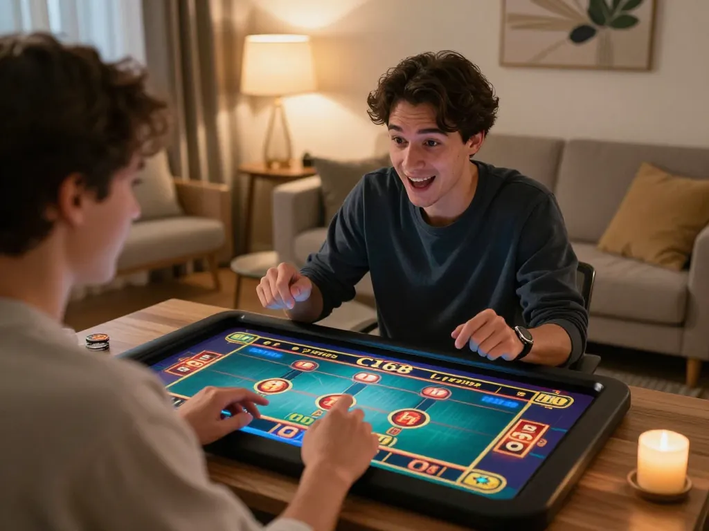 C168 online gaming scene with a player enjoying tablet gameplay in a cozy home setting.