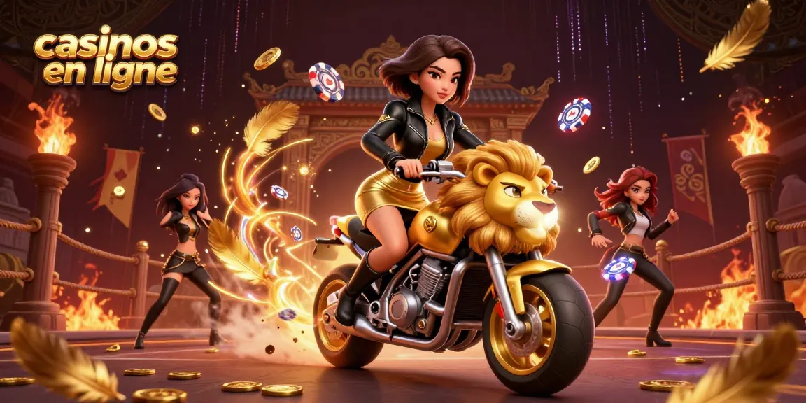 Vivez l'excitation des casinos en ligne avec une femme asiatique glamour chevauchant une mascotte en lion doré.