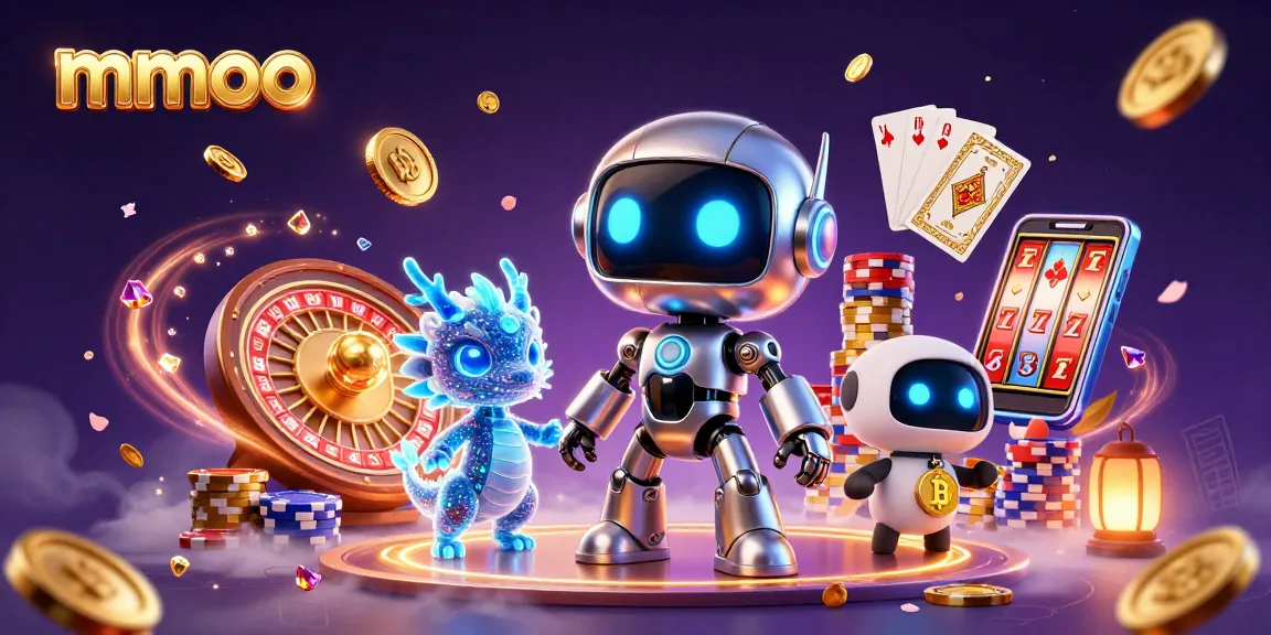 Join the thrilling adventure of mmoo with neon-lit characters amidst cascading coins and roulette excitement.