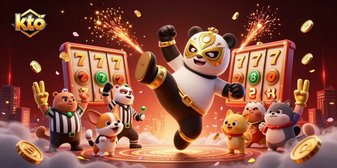 Experience excitement with kto as the panda kicks in a vibrant online casino scene filled with jackpots and festive decorations.