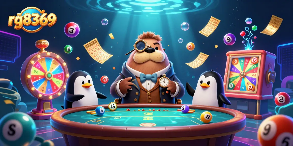Experience the vibrant gambling scene featuring rg8369 with a jolly walrus at an underwater poker table surrounded by colorful lottery balls.