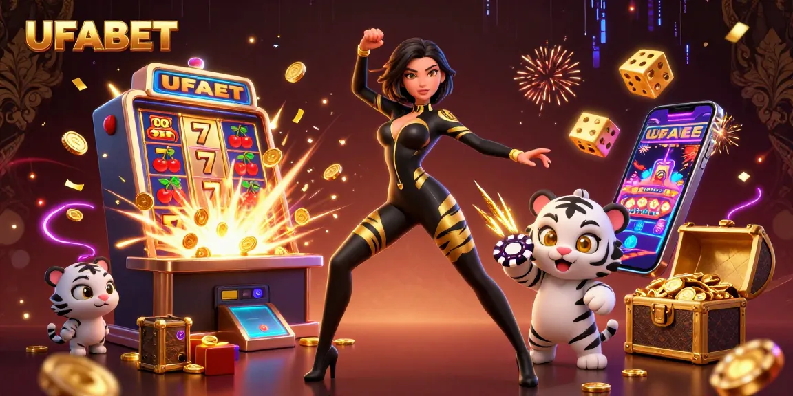 Win big at UFABET with a dynamic scene of a stunning 3D casino illustration featuring vibrant slot machines and a playful tiger.