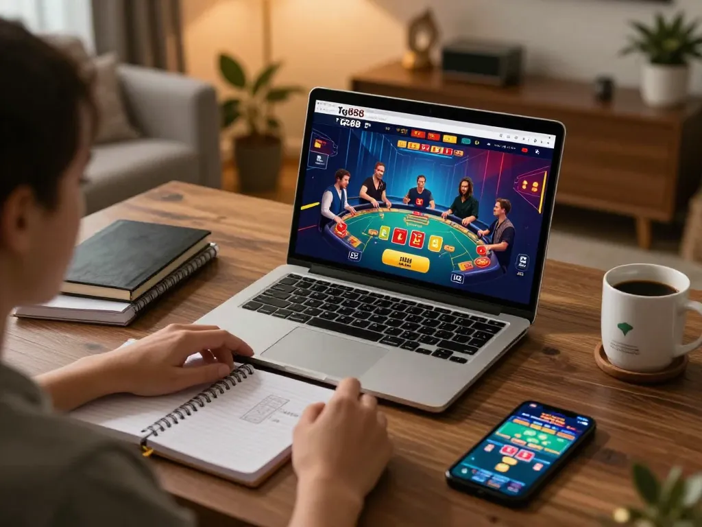 Tg888 live dealer game interface viewed on a laptop, showcasing an engaging online gambling session.