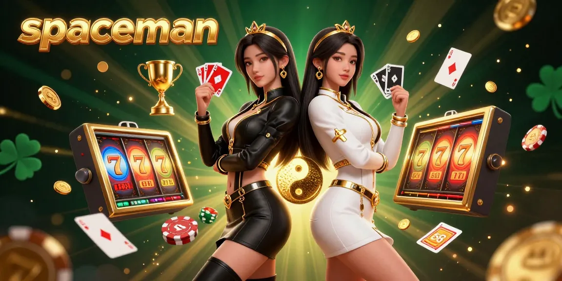 Engage with the spaceman slot game featuring dynamic visuals of twin Asian women with playing cards, set in a vibrant casino scene.