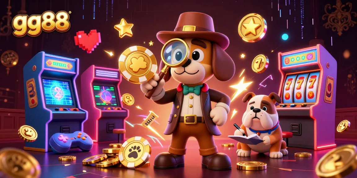 Engage with gg88's vibrant gaming atmosphere featuring a detective investigating poker clues amidst colorful casino elements.
