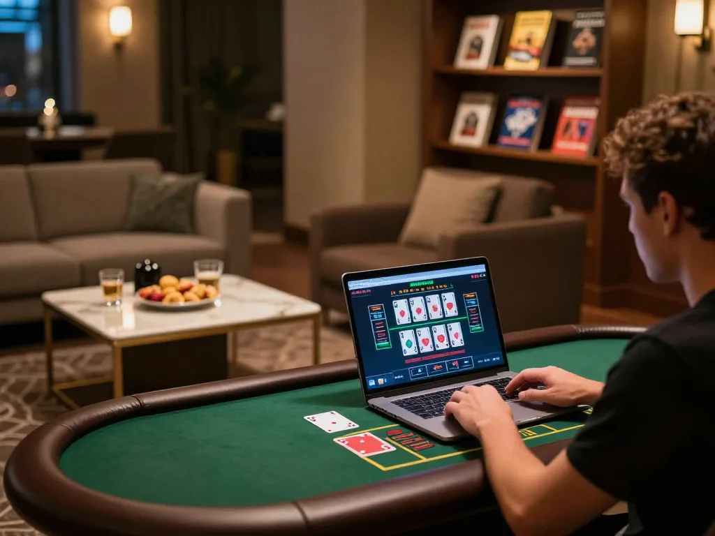 Player engaging in online blackjack at kp88, showcasing a cozy and responsible gambling atmosphere