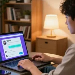 Engaging user interaction with an AI chat nsfw chatbot in a cozy, modern living room.