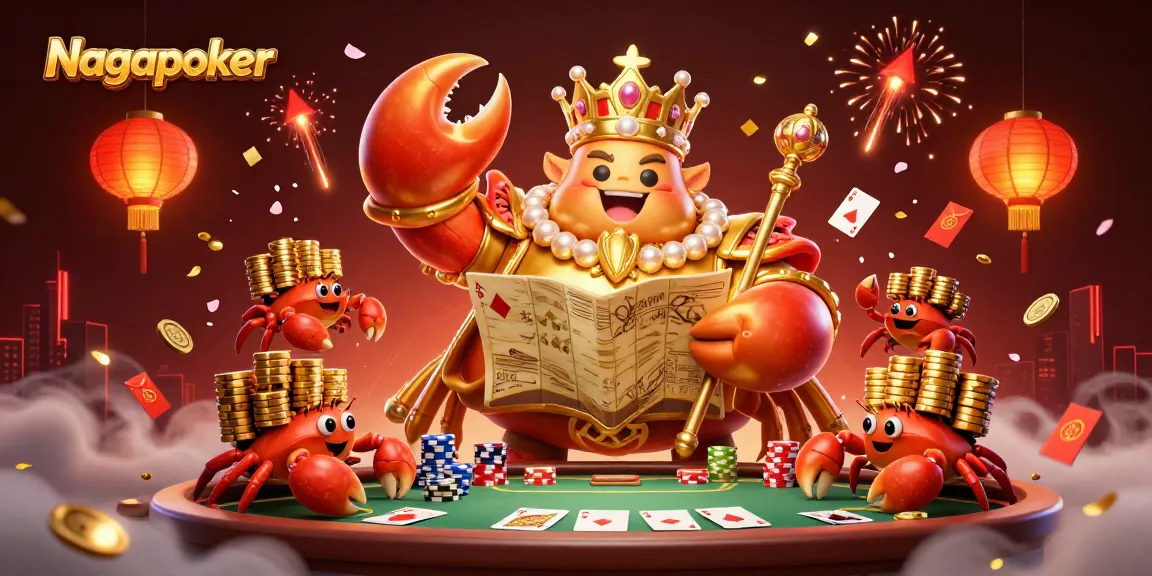 Nagapoker showcases an exciting scene of a golden crab emperor and poker elements, symbolizing winning strategies.