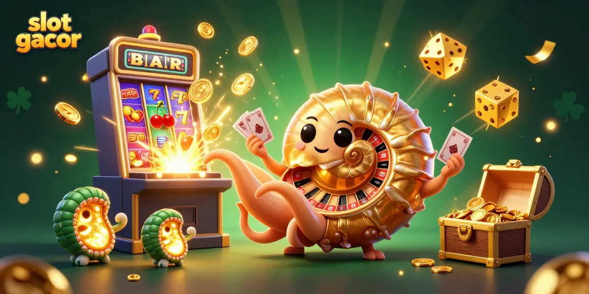 Spin to win with slot gacor, featuring a giant nautilus, bursting slot machines, and a dazzling casino atmosphere.