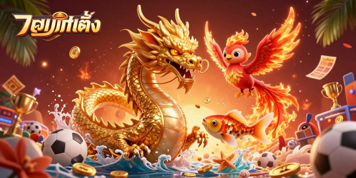 Experience the thrill of แทงบอลเต็ง with our dynamic 3D illustration featuring a golden dragon and phoenix.