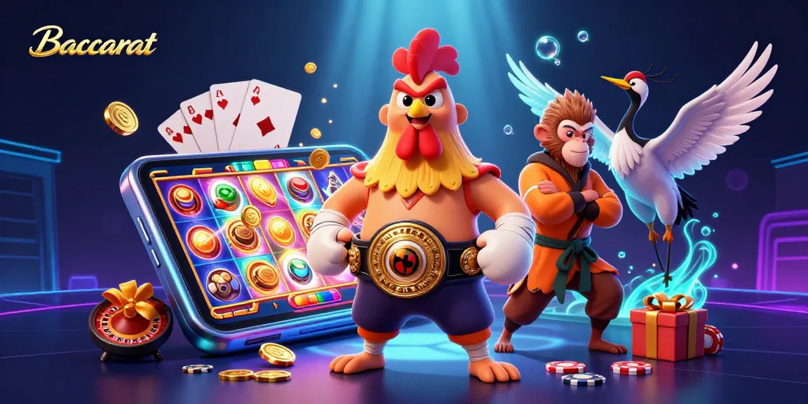 Baccarat scene showcasing a fierce rooster, Shaolin monkey, and wise crane by a glowing smartphone with games.