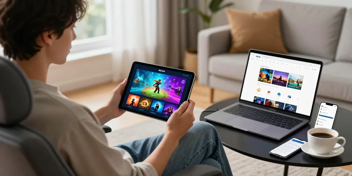 Engaging with Raja Game login on tablet amidst vibrant game graphics in a cozy living room.
