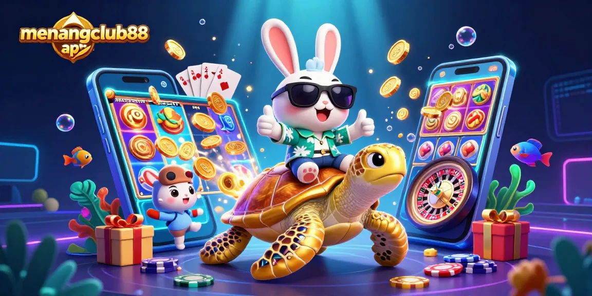 Engage with the thrilling menangclub88 apk as an adorable rabbit rides a golden turtle in a vibrant casino scene.