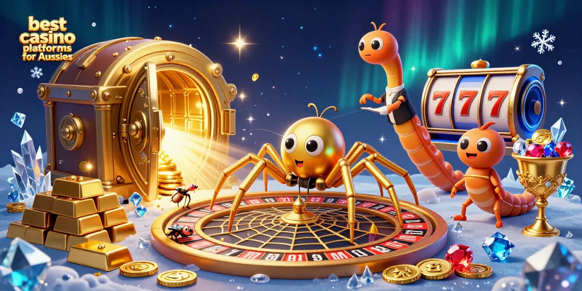 Experience the excitement of the best casino platforms for Aussies with this dynamic scene of characters spinning a roulette web.