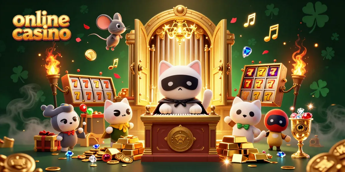 Engaging online casino scene with a phantom cat at an organ, gold treasures, and vibrant slot gaming elements.